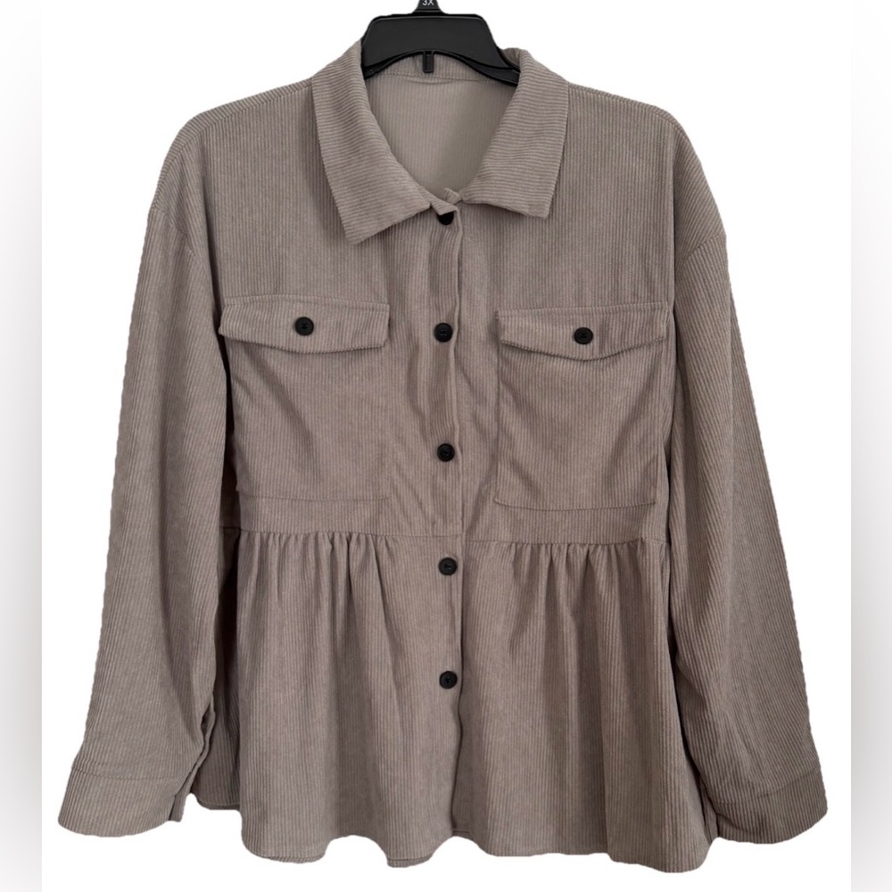 Womens Corduroy Peplum Shacket Button Down XXL Shirt Blouse Tunic Jacket Khaki